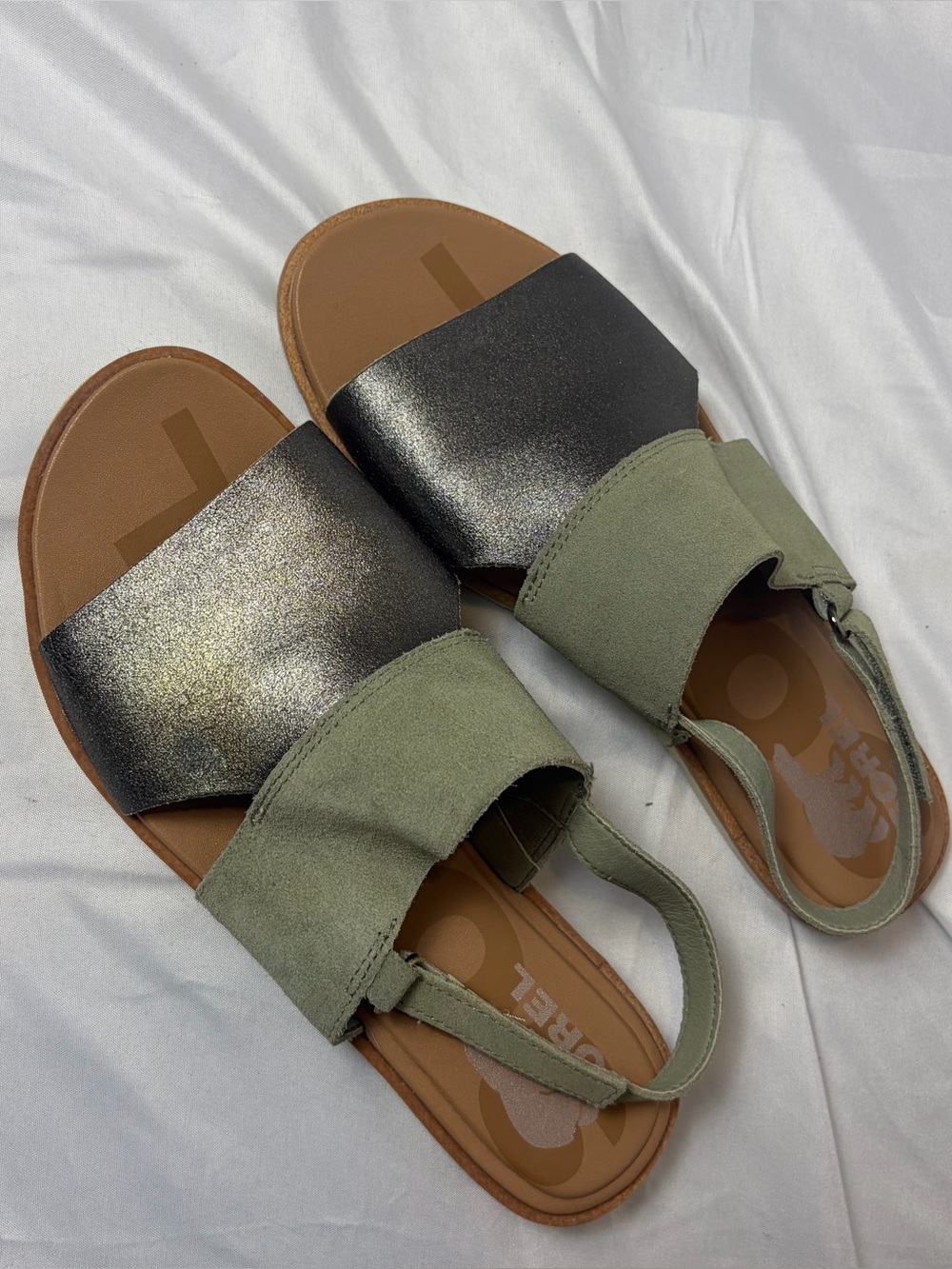SOREL Women’s Sage Green Gunmetal Metallic Leather Sandals Size 8